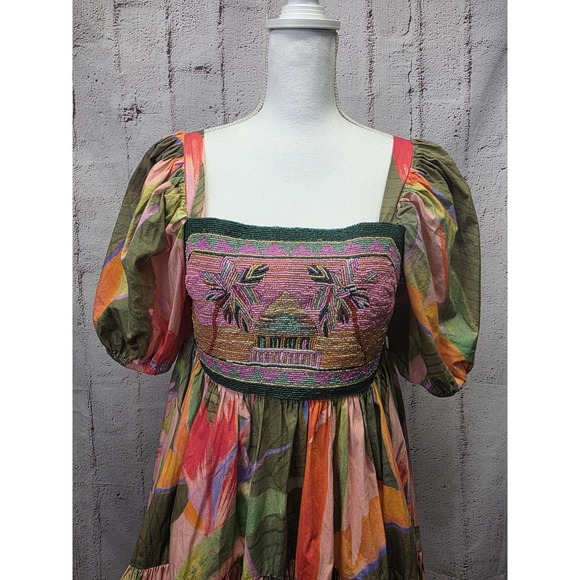 Farm Rio Mini Dress Beaded Garden Puff Sleeves Tiered Sz S Beach Festival Colorf - Picture 3 of 12